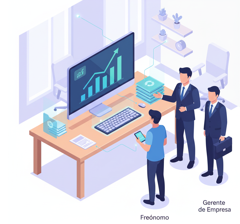 Asesor contable mostrando informes financieros a empresa y autónomo en oficina moderna.