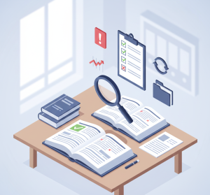 Documentos contables revisados con lupa y checklist para auditoría inicial.v