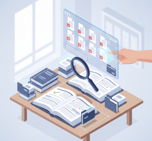 Sistema digital de organización contable con facturas y carpetas clasificadas.